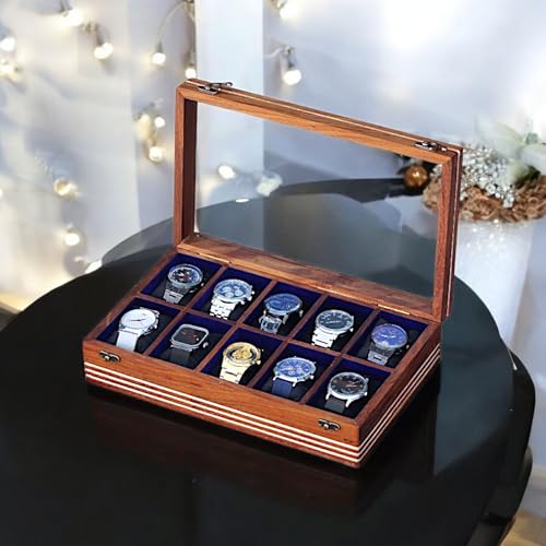 Image of Watch box for women & men, Wooden organizer, Handmade Holder For Men, Custom Valet Box with Brass Lock, Christmas, Anniversary, Valentine;s Day, Father's Day (brown 10 slots)