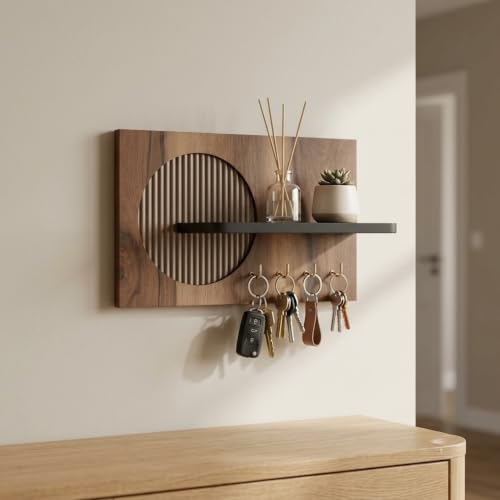 Image of Home Sparkle Wall Mounted Key Holder for Home Entrance with Shelf | Premium MDF Wood Organizer with Paint Finish | Modern Key Hanger Rack with 5 Hooks for Keys & Daily Essentials | Walnut & Black