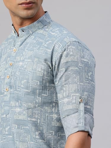 Image of Majestic Man Men's Pure Cotton Printed Mandarin Collar Regular Fit Roll-Up Sleeves Short Kurta