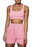 Summer Workout Sets Two Piece Outfits for Women , Sexy Sleeveless Crop Tops and Loose Shorts Casual Sweatsuits Tracksuit (Pink, XL)