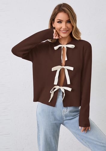 Image of calbatic Women Long Sleeve Bow Tie Front Cardigan Sweater Open Front Knit Pullover Tops Casual 2024 Fall Winter Brown