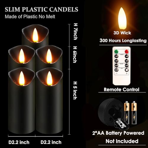 Image of Black Pillar Flameless Candles 3D Wick with Controller,led Slim Candles Flicering Flame,Battery Operated Fake Plastic Candles for Halloween Christmas,Party Decor.(5Pack H 5 inch 5 inch 6 inch 6 inch 7 inch x D 2.2 inch)
