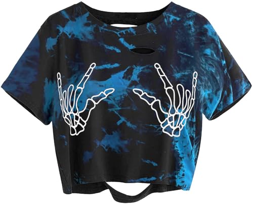 Image of Avanova Women Skull Finger Graphic Distressed Tee Shirt Ripped Short Sleeve Crop Tops