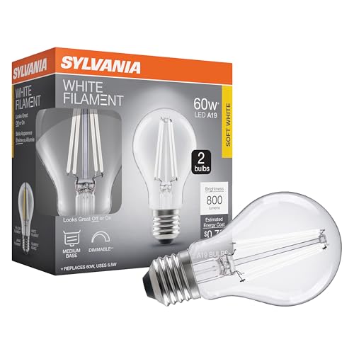 Sylvania A19 Clear LED White Filament Bulb 6.5W Dimmable 800 LMS Medium Base 2700K Soft White - 2 Pack (42170)