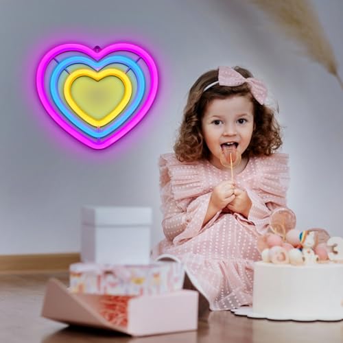 Image of ENUOLI Pink Heart Neon Sign, Rainbow Heart LED Neon Light for Home Decor | Battery /USB Operated Heart Decorations Lamp Night Lights for Valentine's Day,Birthday,Party,Christmas,Girls,Lover,Teens Gift