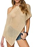 Women Knit Poncho Top Y2k Off Shoulder Crochet Sheer Shawl Asymmetrical Hem Cover Up Shrug Sweater(Casual Khaki,Small)