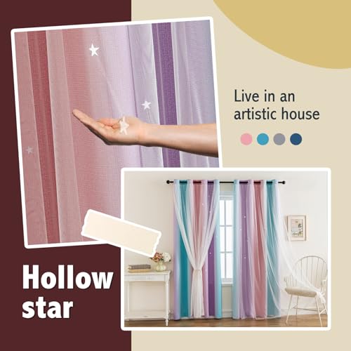Image of indistar Colourful Stripe Star Cut-Out Blackout Curtains for Bedroom,2 Layers Mix Design of Fabric & Tulle,Pretty Window Curtain for Kids Room 1 Panel (W52 x L63 Purple Pink Green)