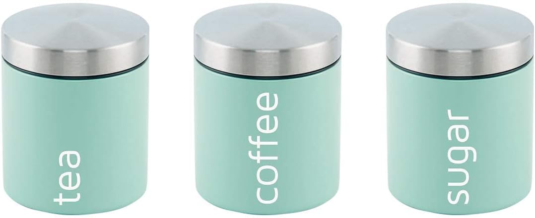 Bargain Shack Tea Coffee Sugar Canisters Set Airtight Labelled Containers for Tea & Coffee Storage Tin Storage Jars Kitchen Accessories Light Green (Dainty - Seafoam)