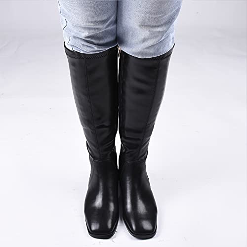 Genshuo Knee High Boots For Women Comfy Flat Heel Vintage Square Toe Fall Winter Solid Side Zipper Costume Knight Booties #TOP2