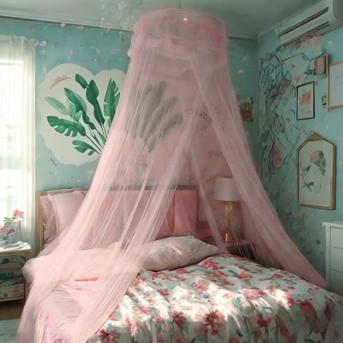 Eimilaly Lace Bed Canopy Mosquito Netting, Princess Bed Canopy for Girls Room Decor, Pink/Single Door