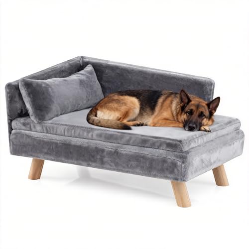 SOARS Hundesofa, Katzensofa mit Rückenlehne, Kissen & Holzbeinen, Hundecouch für kleine Hunde, Hundebett erhöht, Haustiersofa, 81 x 51 x 47 cm, Grau