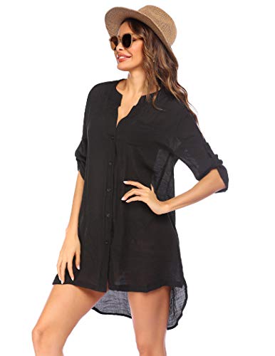 Image of Ekouaer Bathing Suit Cover Up for Women V Neck Button Down Swimsuit Coverup Beach Dress Shirt S-3XL