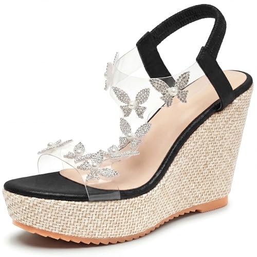 Allegra K Sandalias de plataforma transparentes con diamantes de imitación para mujer, Negro, 5