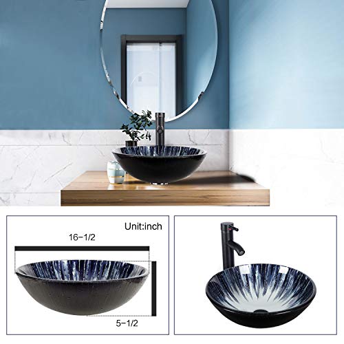 16.5 Inch Bathroom Vessel Sink Bowl and Faucet Combo - Oil Rubbed Bronze Faucet and Pop Up Drain - Tempered Glass