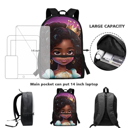 African Girl School Backpack for Girls 10-12 Kids School Bookbag with Lunch Box and Water Bottle Holder Black Girl Lunch Bag Teen Elementary School Book Bag Pencil Case 4 In 14
