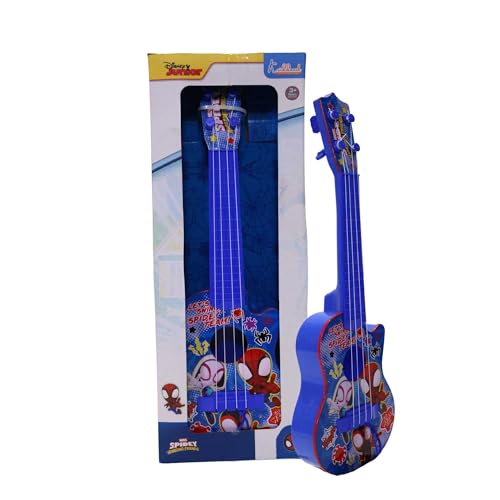 Image of Spiderman 4-String Small Toy Guitar for Kids (3+ Years) - Adjustable String Tension, Fingerstyle Tab & Pick | Educational Musical Instrument | Gift for Boys| Portable & Safe Design, Blue