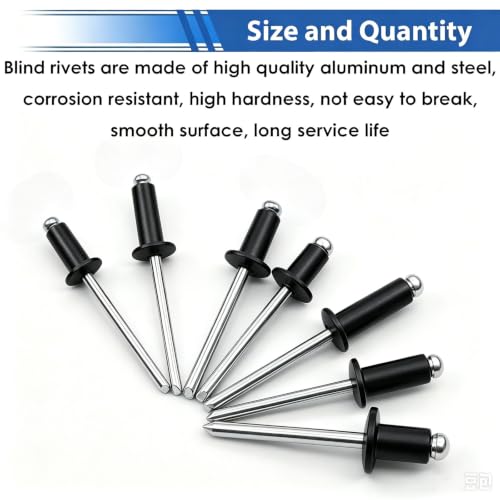 Image of smseace 180 Pcs 3 /16 Inches Black Rivets 3 /16 inch x (5 /16 inch, 3 /8 inch, 1 /2 inch, 5 /8 inch) Aluminum Pop Rivets Assortment Kit - Assorted Blind Rivets for Metal,Furniture,Automotive,Instrument