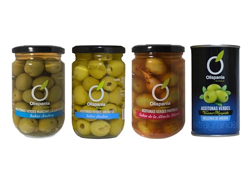 Pack Surtido Aceituna Gourmet Olispania (tarro 350Gr x 4Uds) (Con Hueso + Sin Hueso + Partida de la Abuela + Rellena Anchoa)