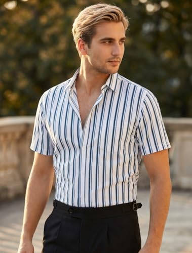 Image of Afflatus Men's Striped Half Sleeve Cotton Shirt | Slim Fit Casual Summer Shirt for Men | Lightweight Breathable Button-Down Shirt for Office and Travel