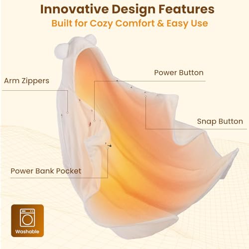 Image of Bearbug Cordless Heated Blanket 50 inch x 70 inch, Portable Wearable Heated Blanket Shawl Hoodie Battery Operated, Car Charger, Dc Adapter, 3 Heating Level, Machine Washable, Beige