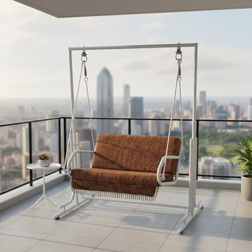 Image of Jhula with Stand for Adults - Powder-Coated Metal Swing for Home, Living Room, Balcony & Terrace (White, 2 Seater)