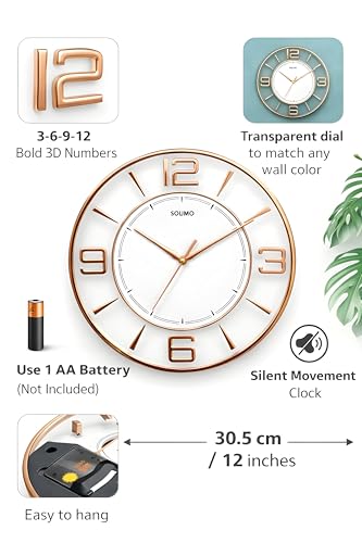 Image of Amazon Brand - Solimo 12 Inches Silent Wall Clock for Living Room Bedroom Office Wooden Look Plastic 3D Easy to Read Numbers Modern Stylish Sweep Movement Wall Clock for Home - 1611TS (White Copper)