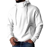 Men's Hoodie Drawstring Pullover Sweatshirt Athletic Fleece Turtle-Neck Long Sleeve Sweatshirts Vintage Top White