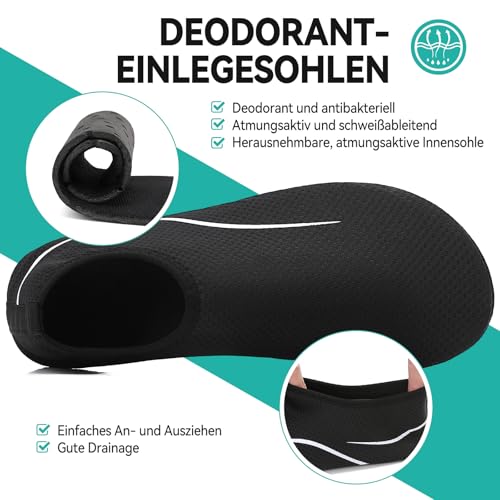 VOLHAL Wasserschuhe Herren Badeschuhe Damen Schwimmschuhe Schnell Trocknend Strandschuhe rutschfeste Aquaschuhe Leicht Surfschuhe für Beach Pool Yoga, Schwarz 39 EU