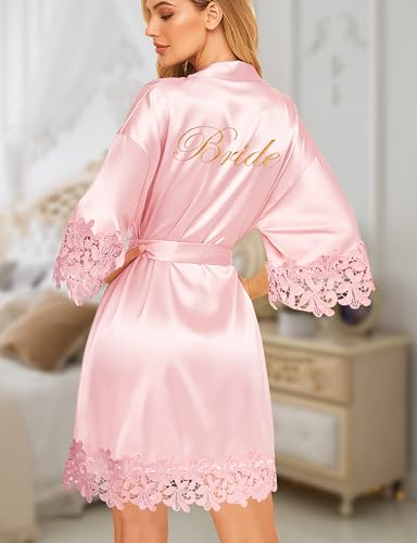 Image of EPLAZA Bride Robe for Wedding Day Set Bridal Robe Lace Trim Silky Embroidery Satin Kimono for Bridal Party