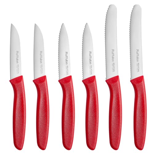 Ruffulon Paring Knife,Peeling Knife Set of 6,Vegetable Knife Small,Premium Fruit Knifes,Sharp Small Kitchen Knife Sets,Straight Edge&Serrated Knifes,Red Kitchen Paring Knives