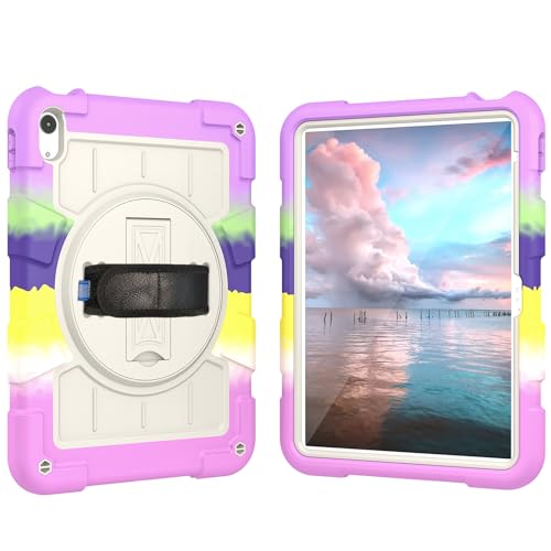 Coque iPad 10e génération antichoc violette avec support rotatif 360 et dragonne