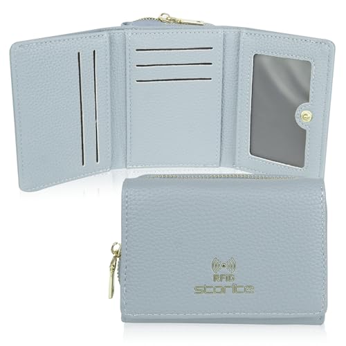 Image of Storite Women RFID Wallet | PU Leather | Slim Mini Zipper Purse with 5 Card Slots, ID Window, Cash & Coin Pocket | Button Closure (Light Blue - 11 x 8 x 4.2 cm)
