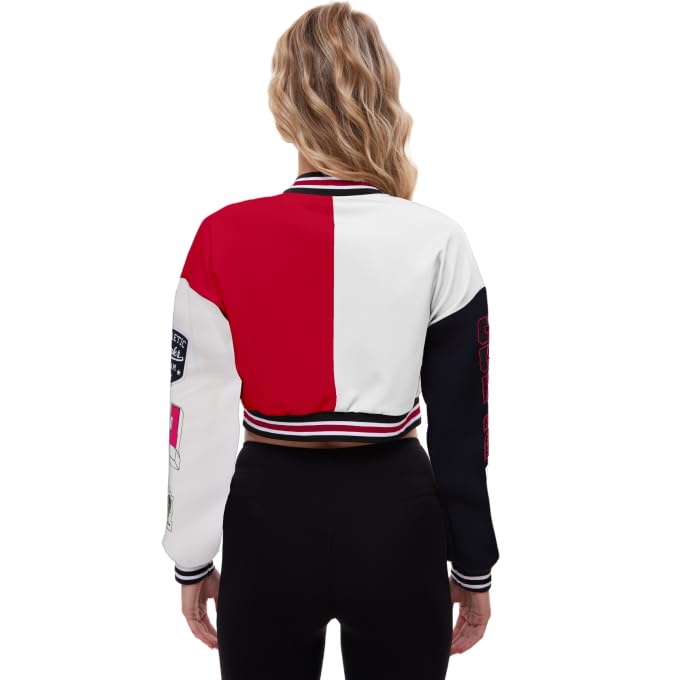 Womens Cropped Varsity Jacket Print Colorblock Bomber Jacket Casual Button Down Coat Lightweight Outwear with Pockets2