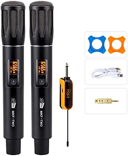 mffmffm Wireless Microphone, UHF 260FT Range Dual Cordless Metal Dynamic Mic System with Rechargeable Receiver, 1/4",1/8" Output, for AMP, PA System, Karaoke, Singing, Wedding, Party, Church,Dj,Mixer