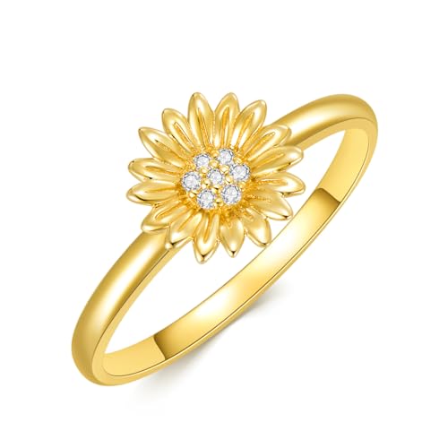 Personalized 10K 14K 18K Solid Gold Natural Diamond Sunflower Ring for Women, Real Gold Flower Ring Engagement Rings Wedding Band Ring Anniversary Rings for Her, Wife,Mom