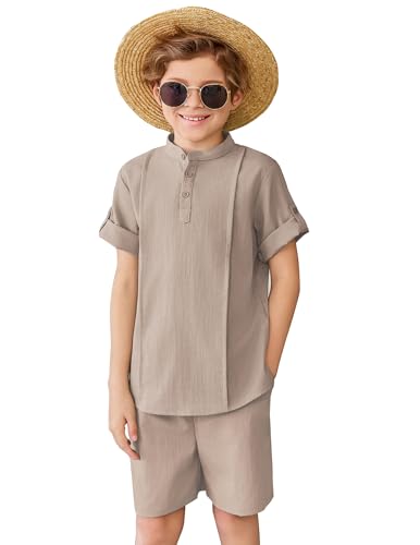 Image of Arshiner Boy's 2 Pieces Linen Sets Short Sleeve Henley Shirt and Shorts Summer Beach Matching Outfits 4-12 Years