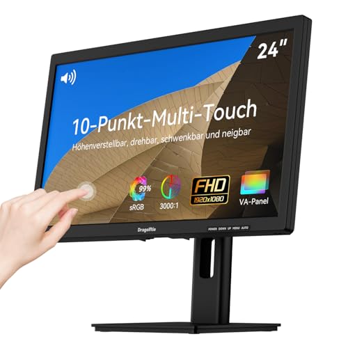 24 Zoll Touchscreen Monitor FHD 1920×1080P VA Panel Kontrastverhältnis 3000:1 99% sRGB Höhe/Drehung/Schwenk/Neigung einstellbar 75Hz PC Touch Bildschirm mit Lautsprecher HDMI VGA Typ-B VESA