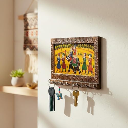 Image of CraftVatika Wooden Key Holder with 6 Hook, Handmade Rajasthani Art Work Wooden Key Holder Wall Mounted Hanging, Rajasthani Wooden Home Keychain Holder Stand for Wall, Home Decor Stylish