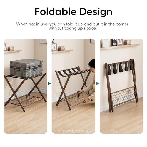 Smuxee Fully Assembled Walnut Grain Luggage Rack, Foldable Iron Suitcase Stand with 5 Nylon Straps, Luggage Holder with Shelf for Guest Room Bedroom Hotel - Image 5