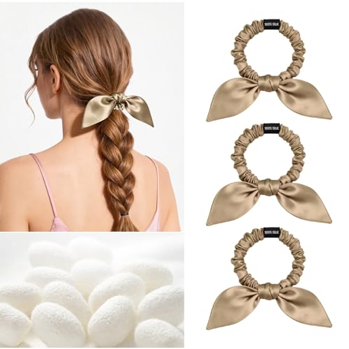 Image of THXSILK 100% Mulberry Silk Bow Scrunchies 3-Pack, 22 Momme Mulberry Silk Hair Ties for Women, Cute Bunny Ear No Damage Ponytail Holders, Fashion Hair Accessories for Girls(S, Taupe)