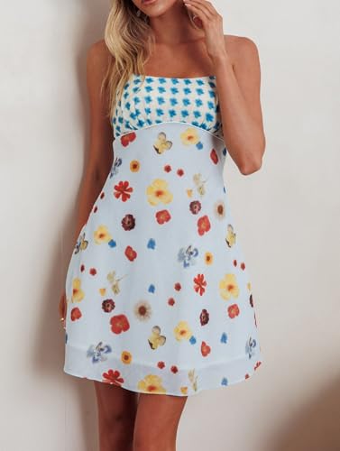 Image of ROAONOCOMO Women Boho Graffiti Cami Mini Dress Spaghetti Strap Printed A Line Short Dress Cute Colorful Sundress