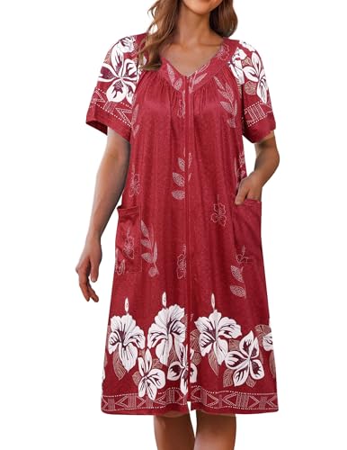 Image of Ekouaer Women Robe Zipper Front Mumu Duster Robes Zip Up Housecoat Soft Sleepwear with Pockets