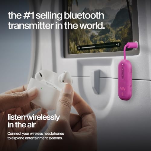Image of AirFly Pro 2 - Bluetooth Adapter for Airplane, Pair 2 AirPods or Wireless Headphones - 3.5mm AUX Bluetooth Transmitter for Cars, Boats, Treadmills, TVs- Airplane Travel Essentials, Fuchsia Ice