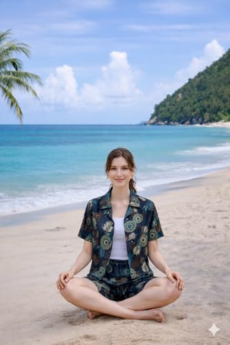 Image of Zilcon Woman Cotton Floral Printed Co-Ord Set - Short Sleeve Shirt with Matching Shorts, Lightweight Breathable Summer Outfit, Beach Vacation Casual Wear