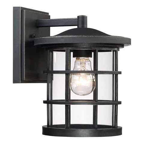 Quoizel Asheville Outdoor Wall Lantern, 10.5 Inch 3-Light Seaside Armour Oil-Rubbed Bronze Wall Sconce, Industrial Light Fixture, 60W Base Bulb, Outside Lights for Patio, Porch, Front Door & Backyard Cover