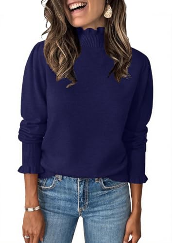 Image of Womens Ruffle Mock Neck Sweater Puff Long Sleeve Fall Trendy Pullover Tops