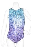 Destira Glitter and Glitz Lavender Gymnastic Leotard, Sparkle Hologram Fabric in Blues and Lavender, Matching Scrunchie Included, Child Medium (8)