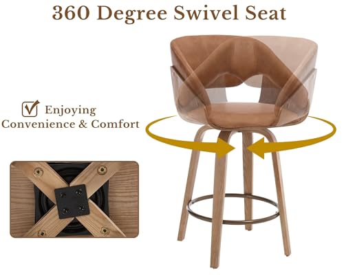 Image of HNY 26'' Modern Barrel Swivel Counter Stools Counter Height Swivel Bar Stools with Backs Set of 6, Brown Faux Leather Bar Height stools, Farmhouse Solid Wood Barstools for Kitchen Island, Home Bar