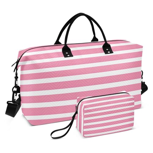Pink and White Stripe Travel Duffle Bag,Large Weekender Travel Bag for Women Men Waterproof Luggage Bag with Trolley Sleeve,Airplane Travel Essentials for Flying