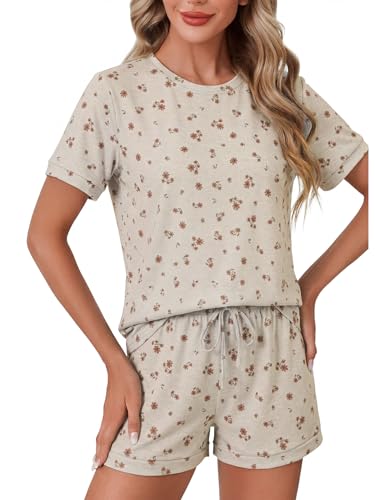 Image of LYANER Pajama Set for Women 2 Piece Lounge Set Striped Crew neck Short Sleeve Tops and Shorts Soft Sleepwear